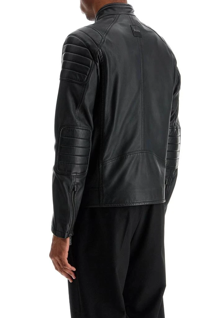 BOSS black leather jacket with high collar and quilted details 3