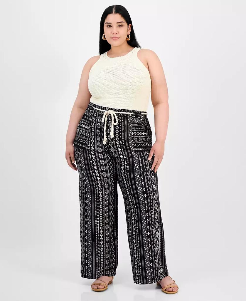 Derek Heart Trendy Plus Size Printed Rope-Belt Stretch Pants