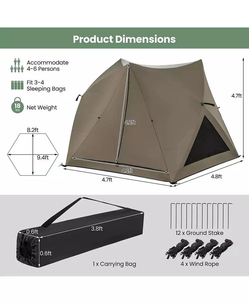 Costway Pop-up Camping Tent for 4/5/6 People with Rainfly Skylight 3 Doors 3 Windows 8