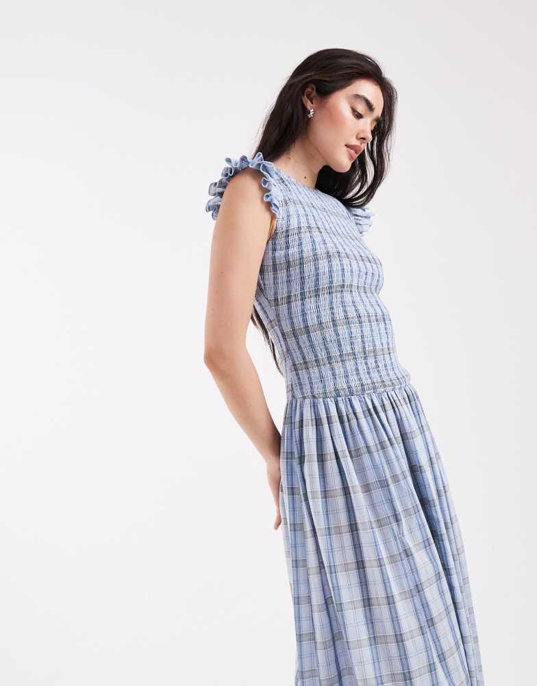 Daisy Street Daisy Street shirred bodice maxi dress with ruffle sleeve in blue check