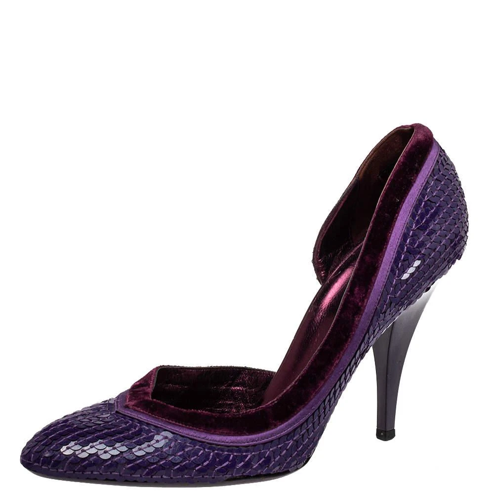 Gucci Gucci Purple Sequined Satin And Velvet Half D'orsay Pumps Size 38.5 1