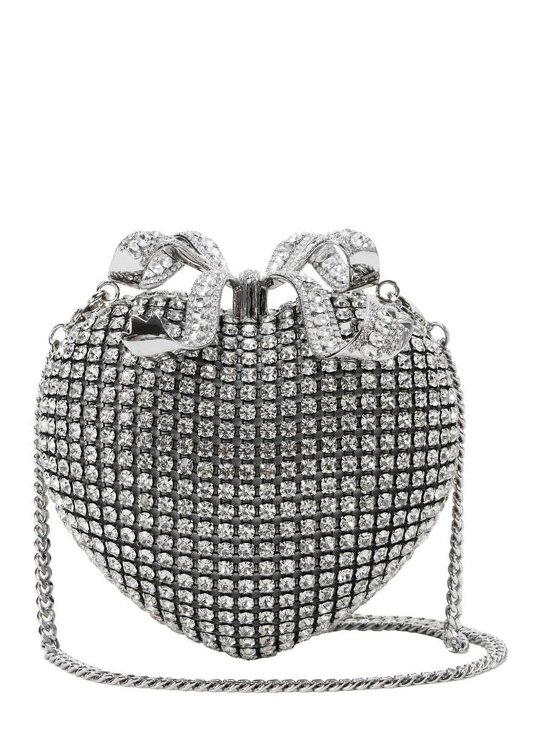 Self Portrait 'Heart' Silver Clutch With Bow On The Front And All-Over Crystal Decorations In Tech Fabric Woman 1