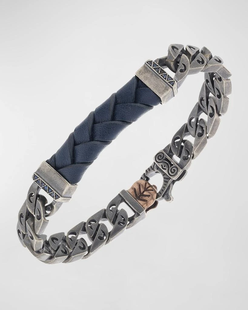 Marco Dal Maso Men
s Flaming Tongue Leather Chain Bracelet with Blue Sapphires, Oxidized Silver