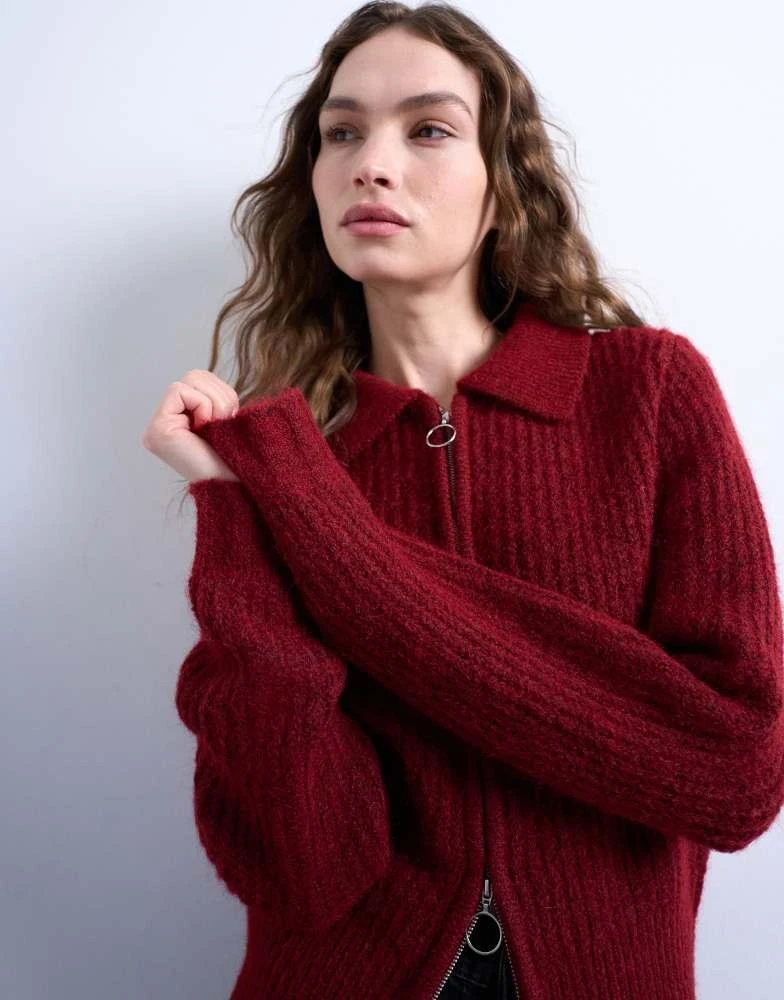 Topshop Topshop knitted collar zip ring cardigan in red 3