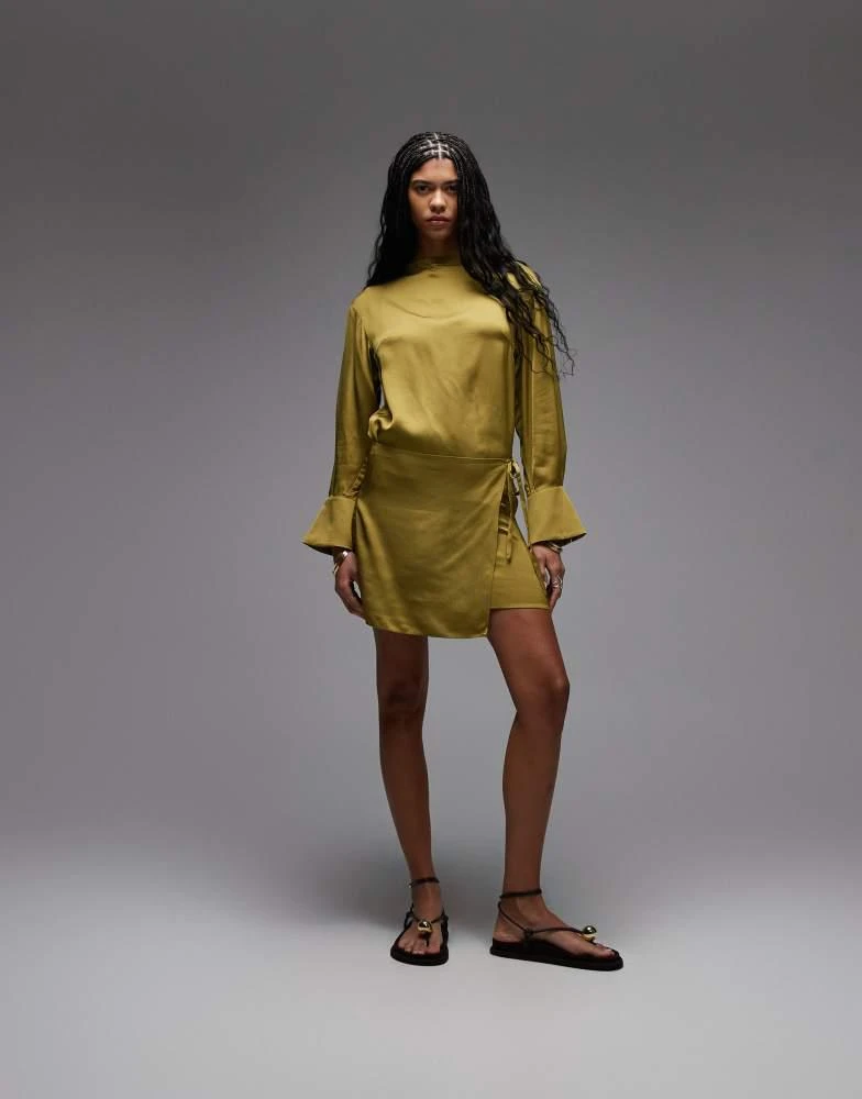 & Other Stories long sleeve mini dress with asymmetric wrap skirt detail in olive green