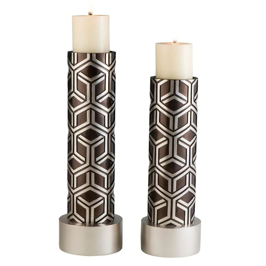 Hivvago Set Of Two Espresso and Silver Pillar Tabletop Pillar Candle Holders 2