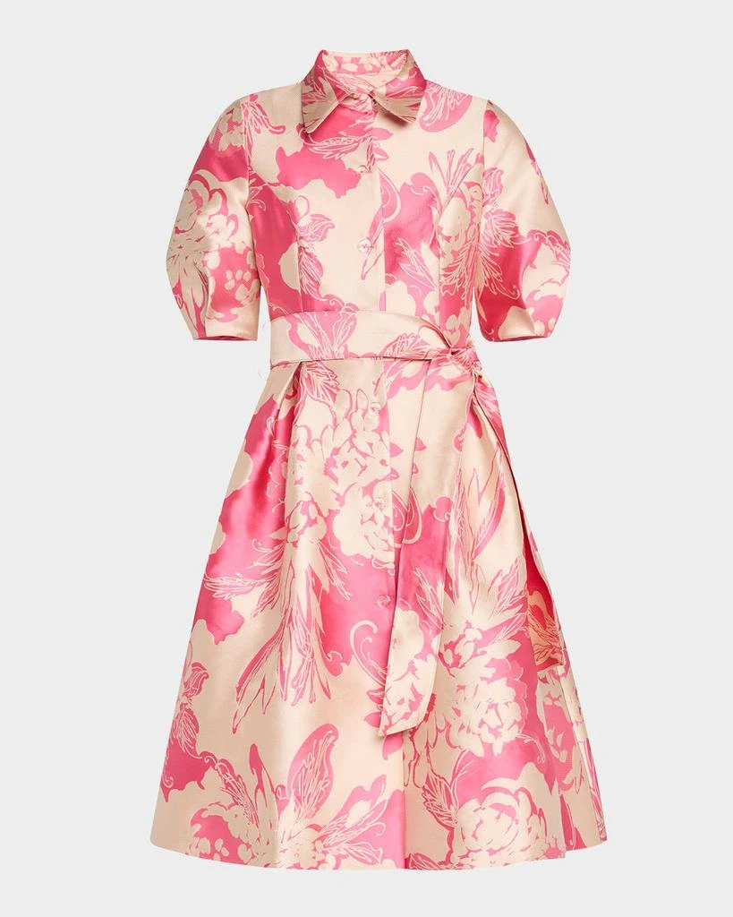 Teri Jon Floral Jacquard Puff-Sleeve Shirtdress