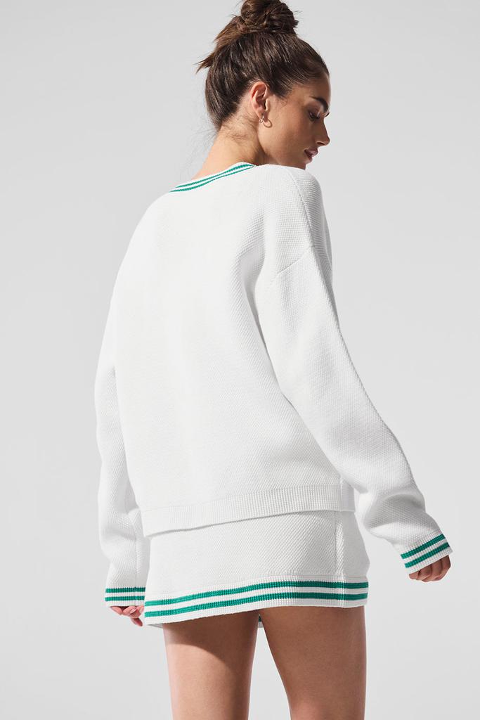 Alo Tennis Club Sweater Knit Cardigan - White/Spruce Green