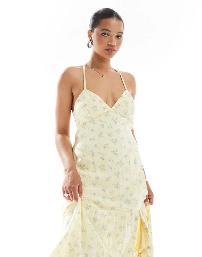 HOLLISTER Hollister open back maxi dress with thigh split in yellow ditsy floral print 2