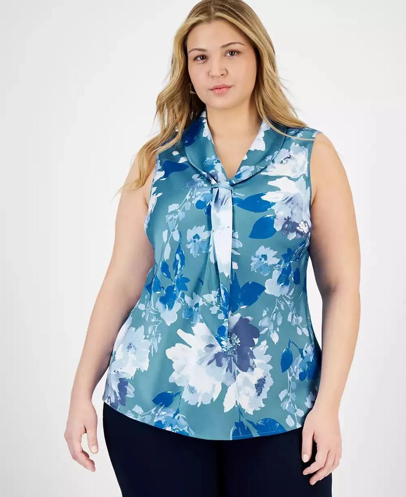 Tahari Plus Size Printed Sailor Tie-Neck Blouse 1