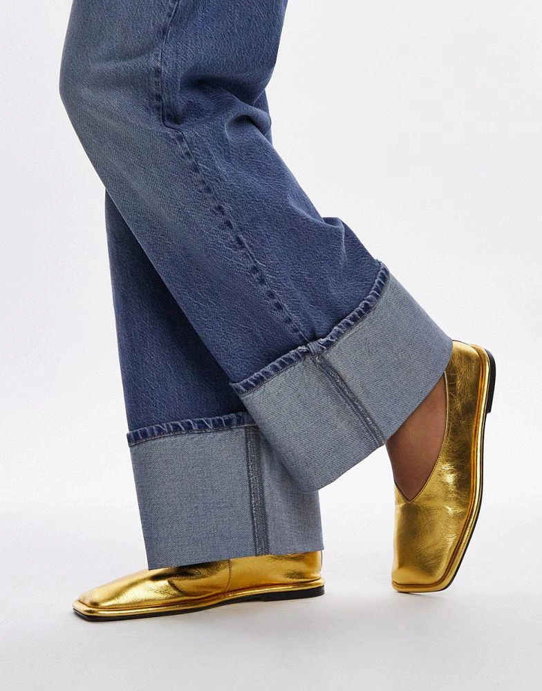 Topshop Topshop Charlotte leather square toe unlined flat shoes in gold 1