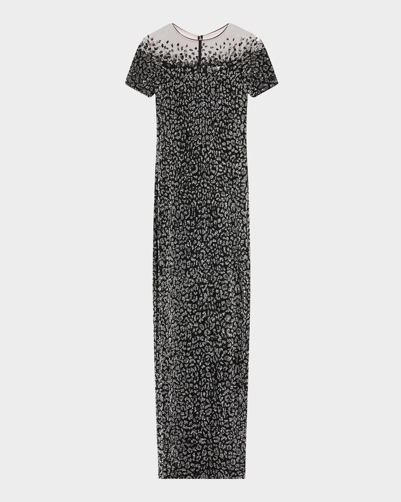 Pamella Roland Leopard Sequined Off-The-Shoulder Illusion Gown