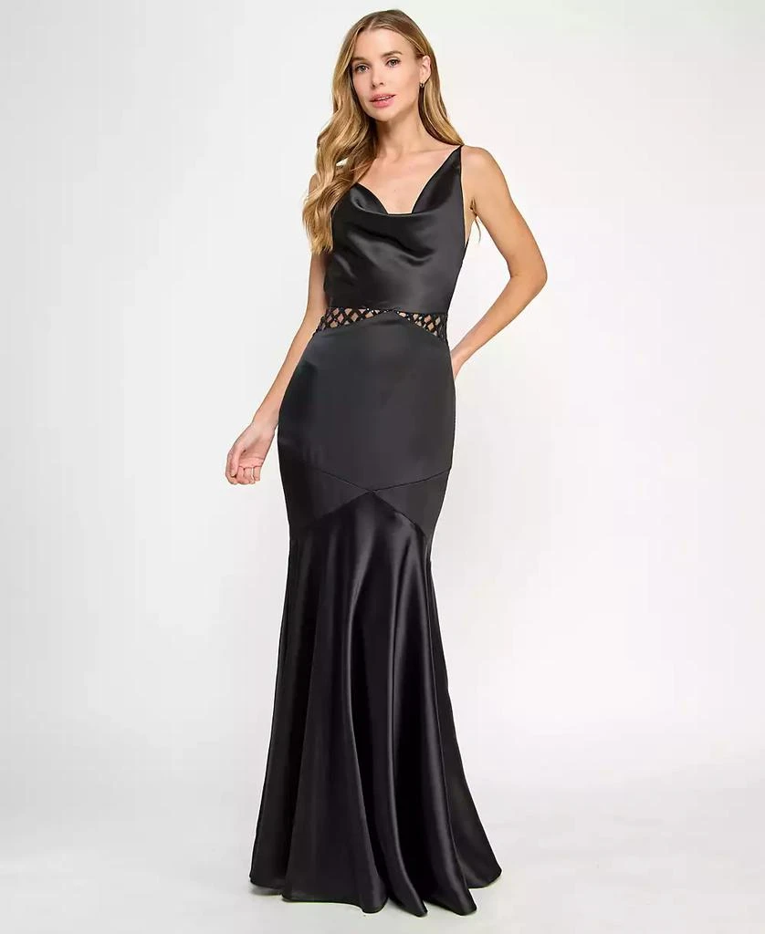 SENI & CADE Juniors' Satin Cowlneck Cutout Gown 4