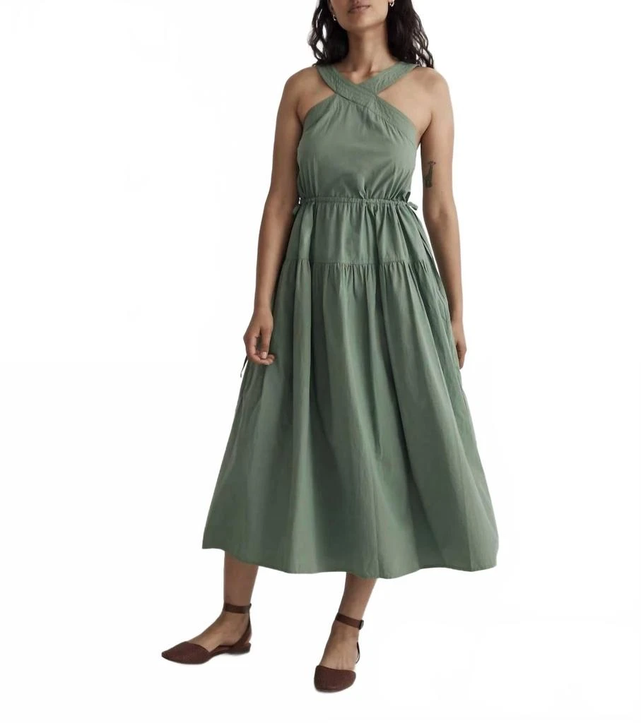 Madewell Halter Tiered Cotton Poplin Midi Dress In Olive Green