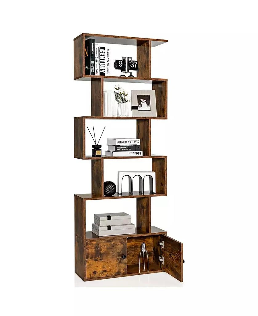 GOUUN 6-Tier S-Shaped Freestanding Bookshelf with Cabinet and Doors 10