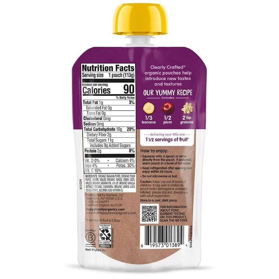 Happy Baby Organics Clearly Crafted Stage 2 Meals Bananas, Plums & Granola Pouch Bananas, Plums & Granola 3