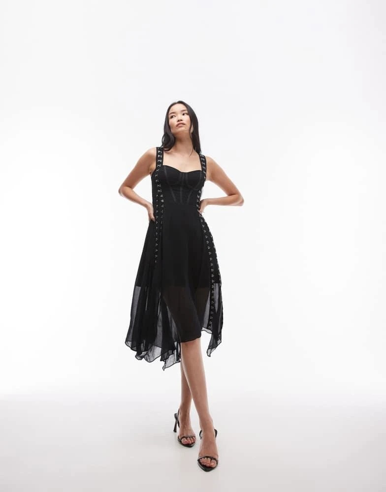 ALL SAINTS AllSaints Luna corset mesh midi dress in black 3