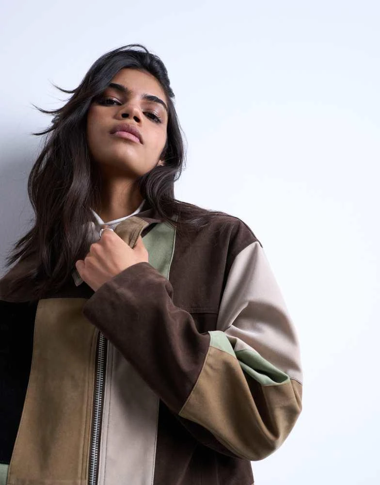 Topshop Topshop boxy faux suede patchwork zip through jacket in multi