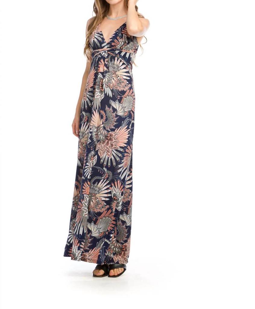Papillon Sandra Fan Print Maxi Dress In Navy