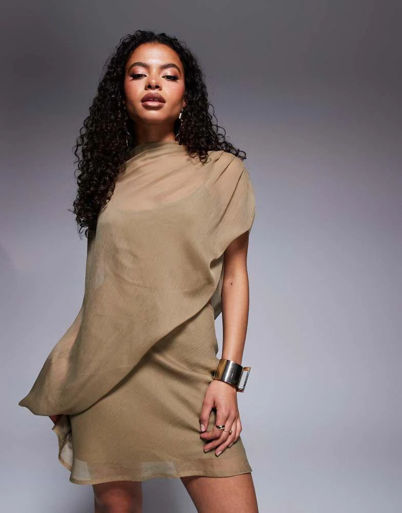 ASOS ASOS DESIGN Petite high neck draped asymmetric mini dress with cut out in taupe 1