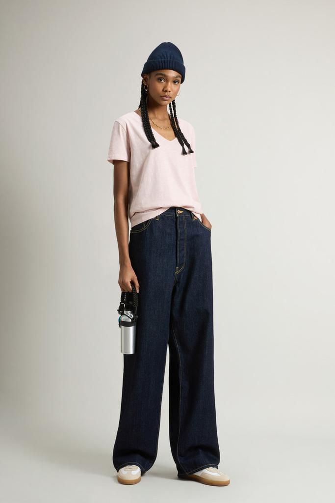 Woolrich Pure Cotton Slub T-Shirt with V-Neck - Women - Pink