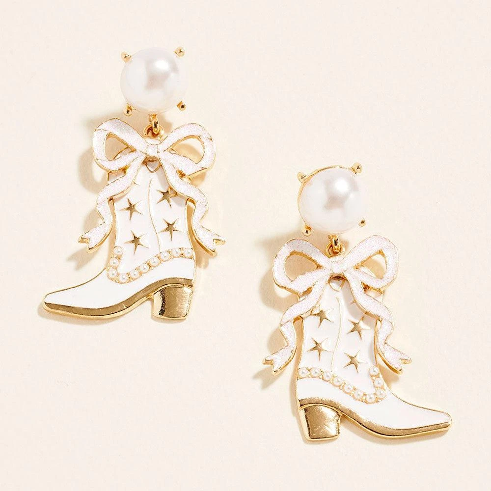 FASHNZFAB Pearl Bow Accent Bride Cowboy Boot Drop Dangle Earrings