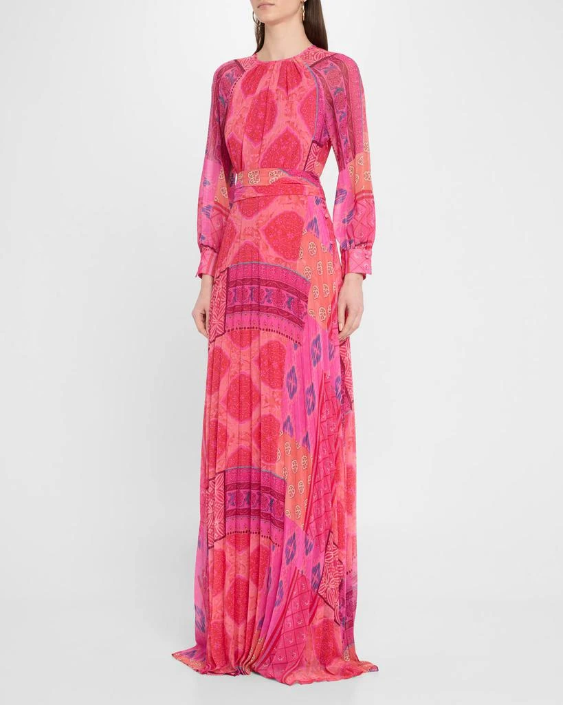 Teri Jon Pleated Patchwork-Print Chiffon Maxi Dress 4