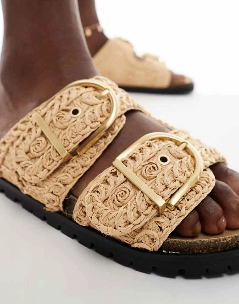 Stradivarius Stradivarius flatform double buckle sandal in beige 4