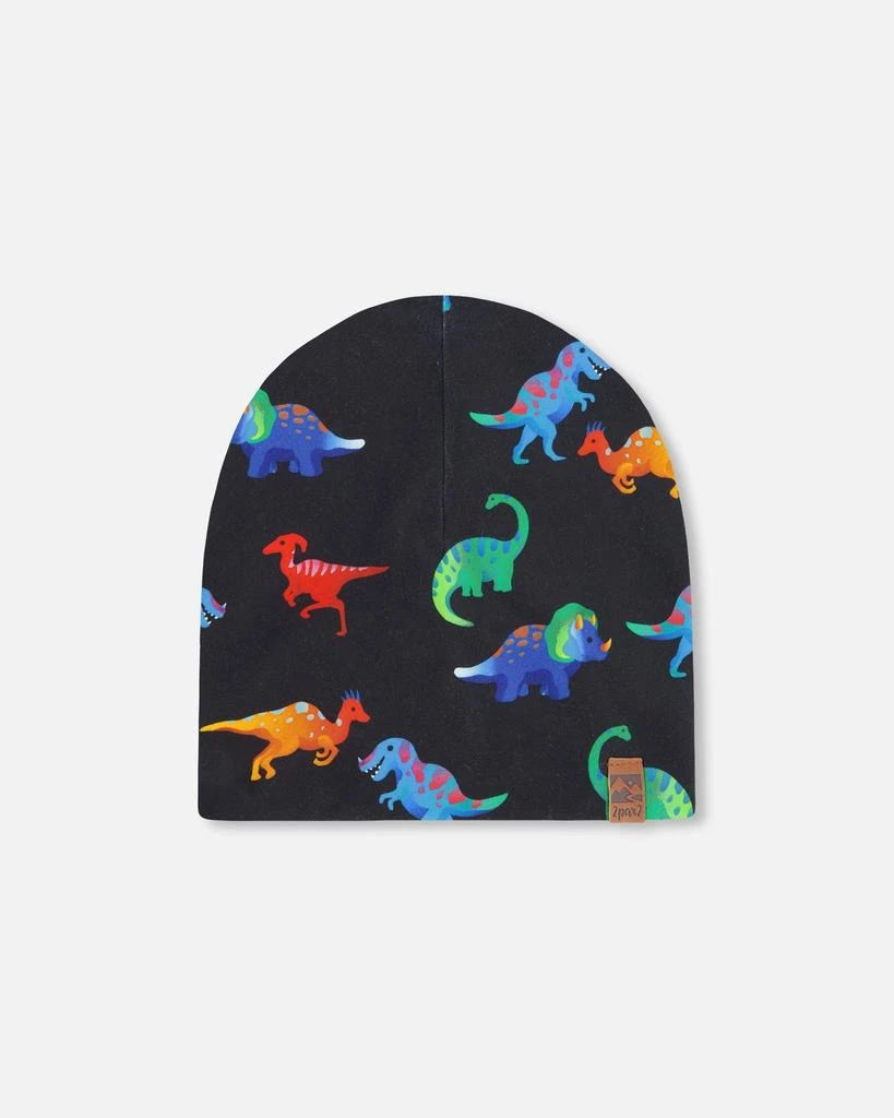 Deux par Deux Stretch Jersey Beanie Black Dinosaur Print