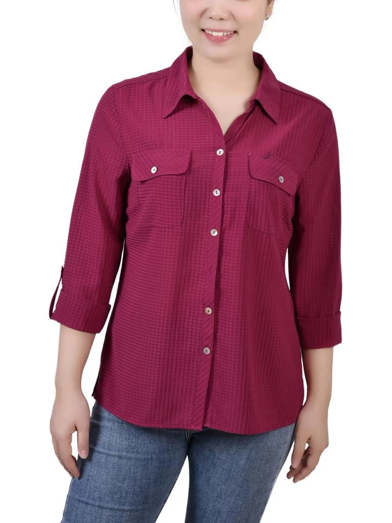 NY Collection Womens Window Pane Collared Blouse 1