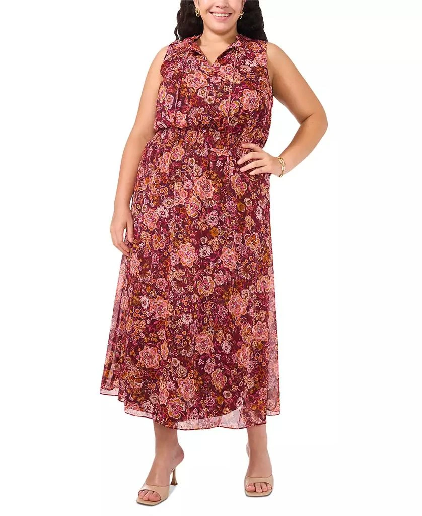 MSK Plus Size Floral Chiffon Smocked-Waist Tie-Neck Dress 1