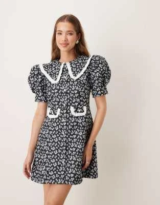 sister jane oversized collar corsage mini dress in black Sister Jane oversized collar mini dress in black