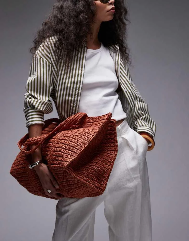 Mango Mango extra large raffia bag with zip thorugh lining in burnt orange 1