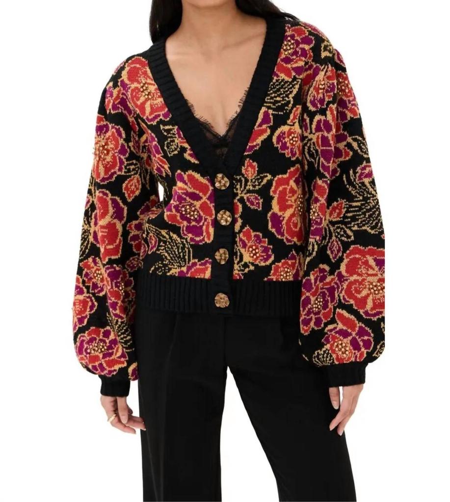 Farm Rio Shiny Chita Knit Cardigan In Black