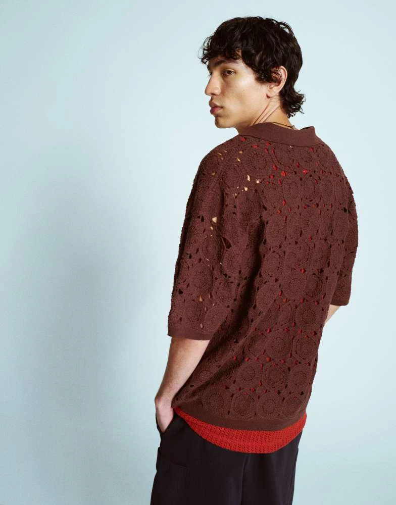 Topman Topman relaxed floral crochet shirt in brown 4