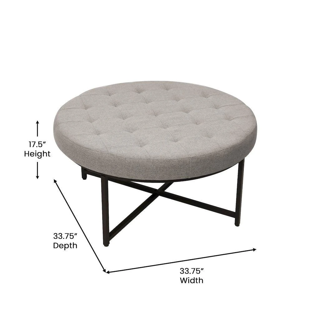 Flash Furniture 34" Round Cotton Linen Tufted Ottoman with Metal Frame, Gray Cotton Linen 5