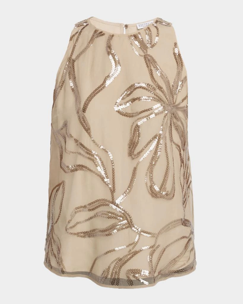 Brunello Cucinelli Sequined Floral Crispy Silk Chiffon Blouse