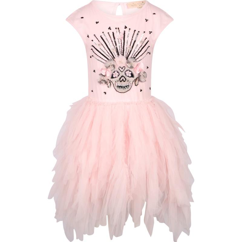 Tutu Du Monde Los muertos sequin skull tutu dress with ruffles and flowers in pink