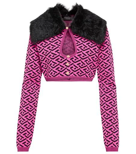 Versace La Greca faux fur-trimmed cardigan 1