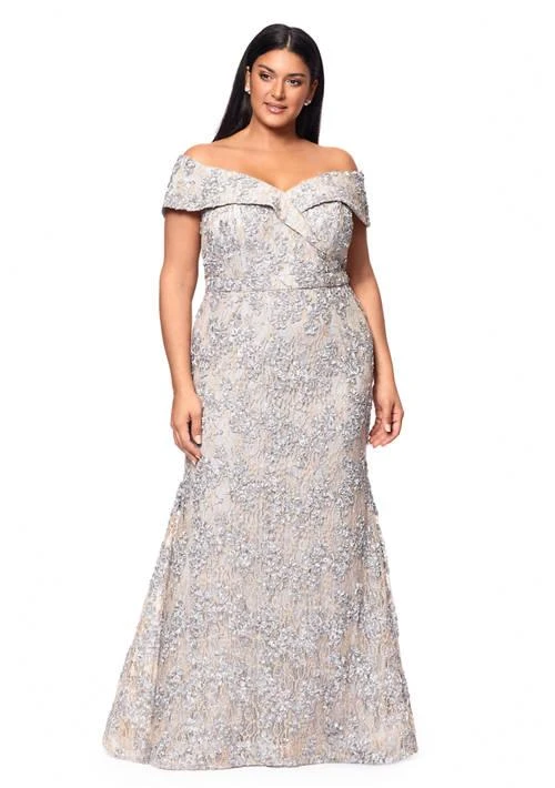 XSCAPE Plus Size Off The Shoulder Solid Embellished Lace Gown 1