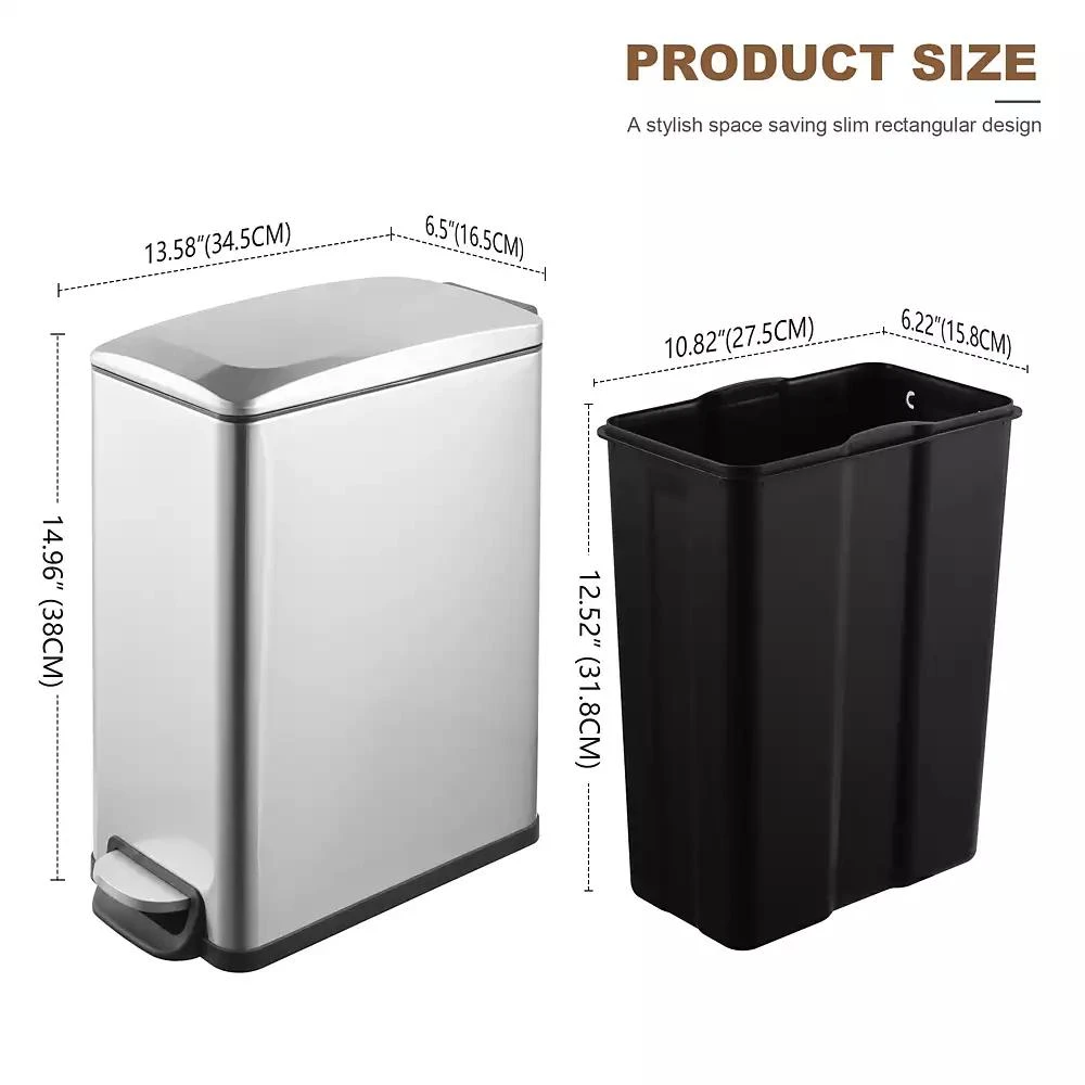 Mega Casa 2.6 Gal./10 Liter Slim Stainless Steel Step-on Trash Can for Bathroom and Office 7