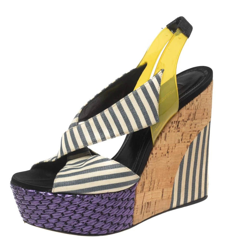 Dolce & Gabbana Dolce & Gabbana Multicolor Striped Fabric and PVC Cross Strap Slingback Wedge Sandals Size 37 1