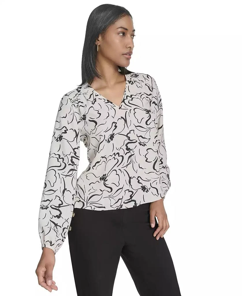 HALSTON Women's Printed Front-Yoke V-Neck Blouse 4