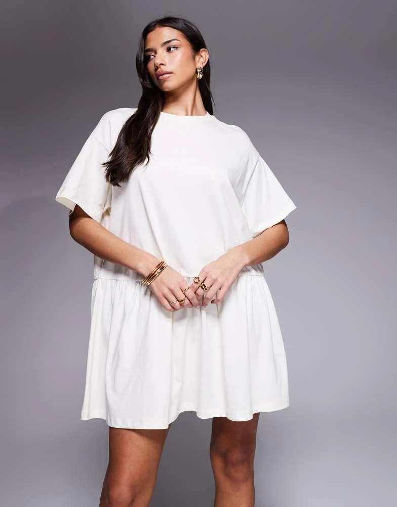 ASOS ASOS DESIGN short sleeve dropped waist peplum t-shirt mini dress in cream 3