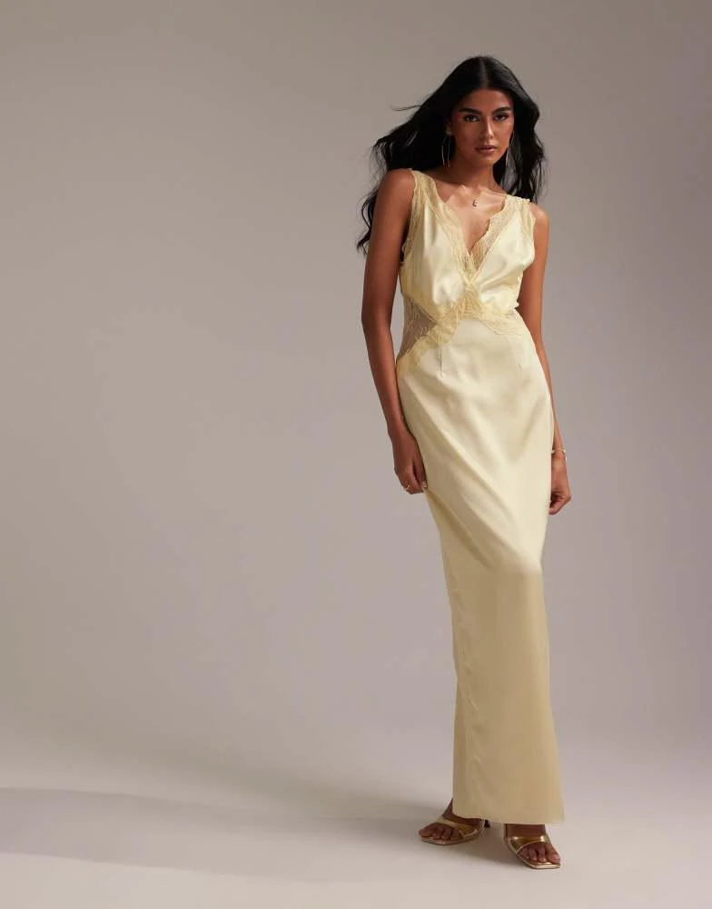 ASOS ASOS DESIGN Bridesmaids plunge neck lace detail satin column maxi dress in soft yellow 5