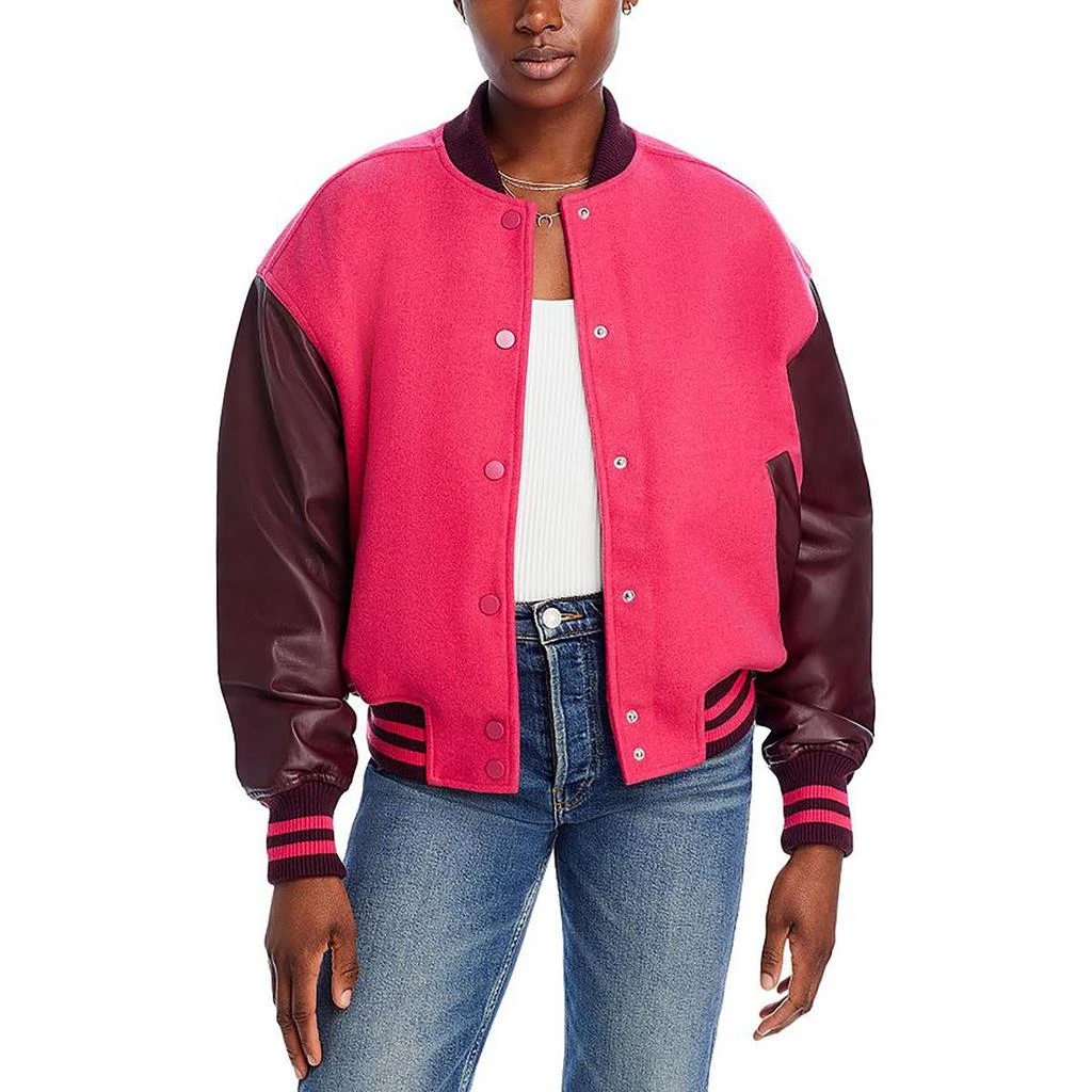 Good American Varsity Womens Faux Leather Trim Striped Bomber Jacket 3