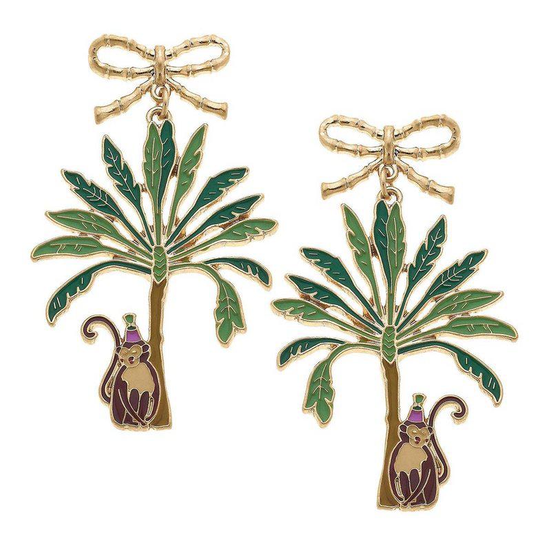 Canvas Style Women's Henley Enamel Monkey With Palm Tree Earrings