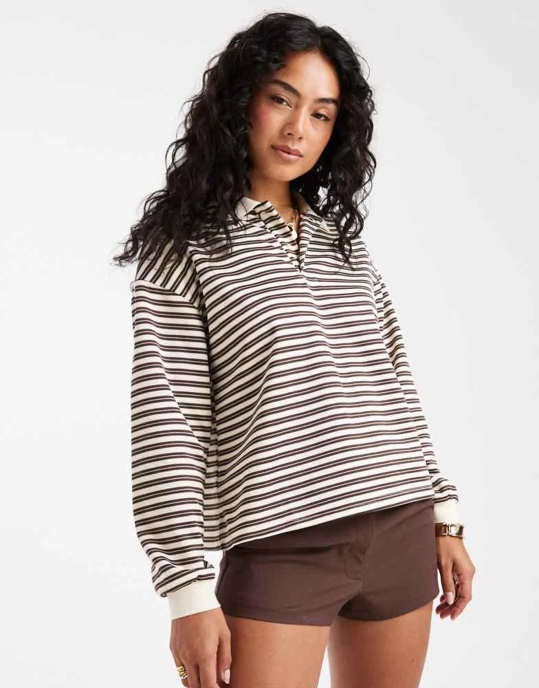 Brave Soul Brave Soul long sleeve rugby top in cream and brown stripe
