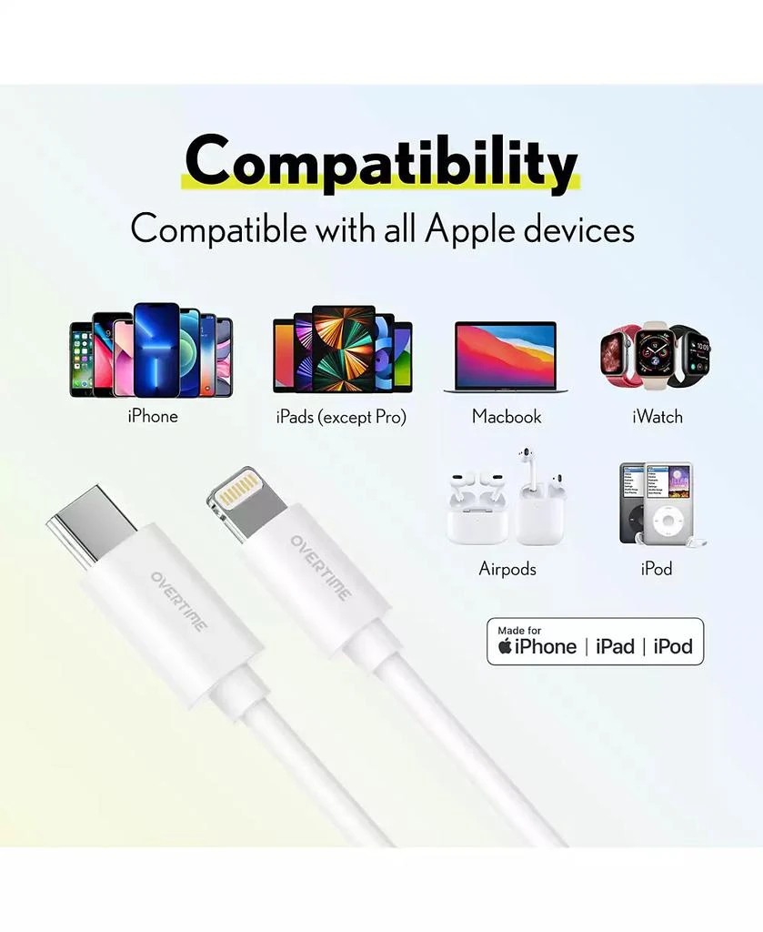 Overtime Apple MFi Certified iPhone 13/12/11 10ft Charging Cable | USB Type C to Lightning Cable for iPhone - White 2