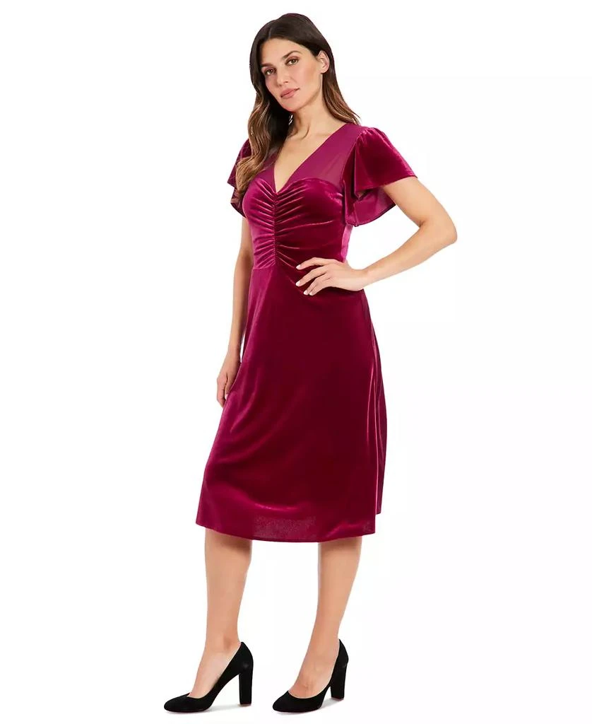London Times Petite Velvet Flutter-Sleeve Ruched Dress 3